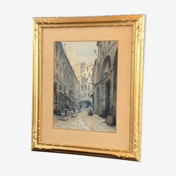 Watercolor signed Charles Forget (1886-1960) The court of the dragon 1925 Paris 6th