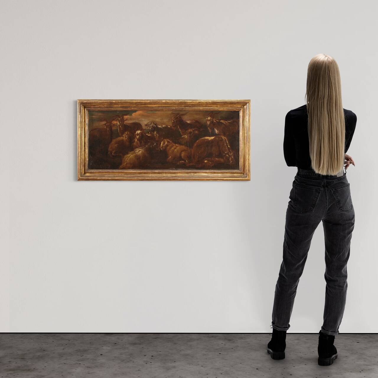 Peinture ancienne paysage avec des chèvres du XVIIe siècle