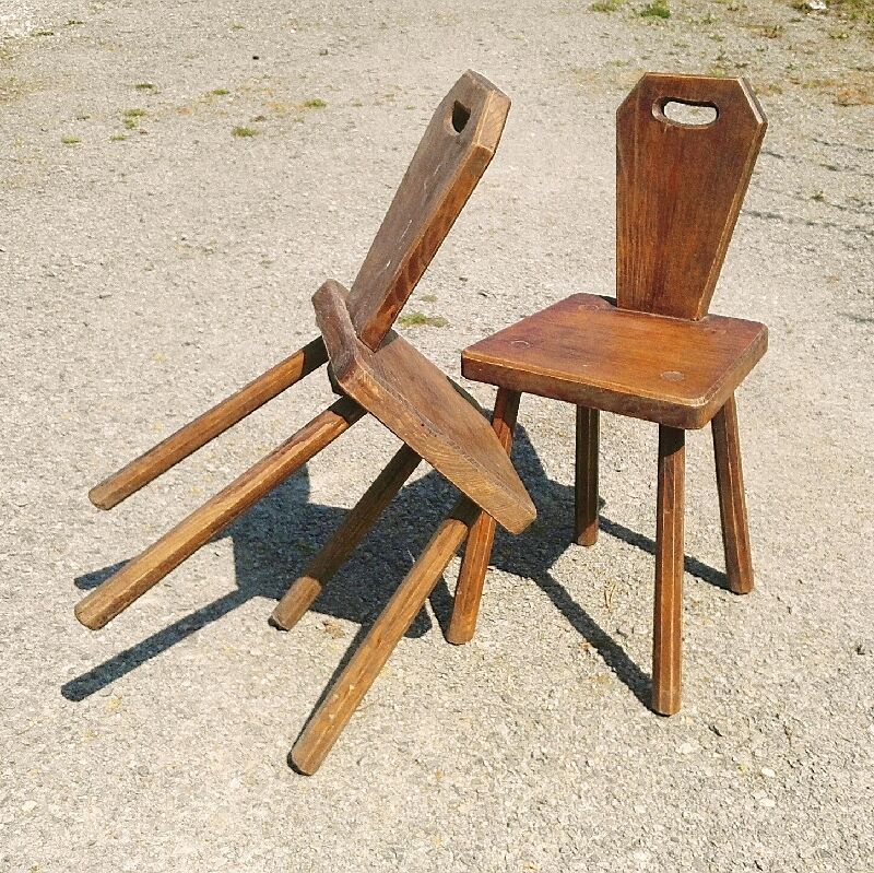 Pair of brutalist vintage chairs wood varnish countryside