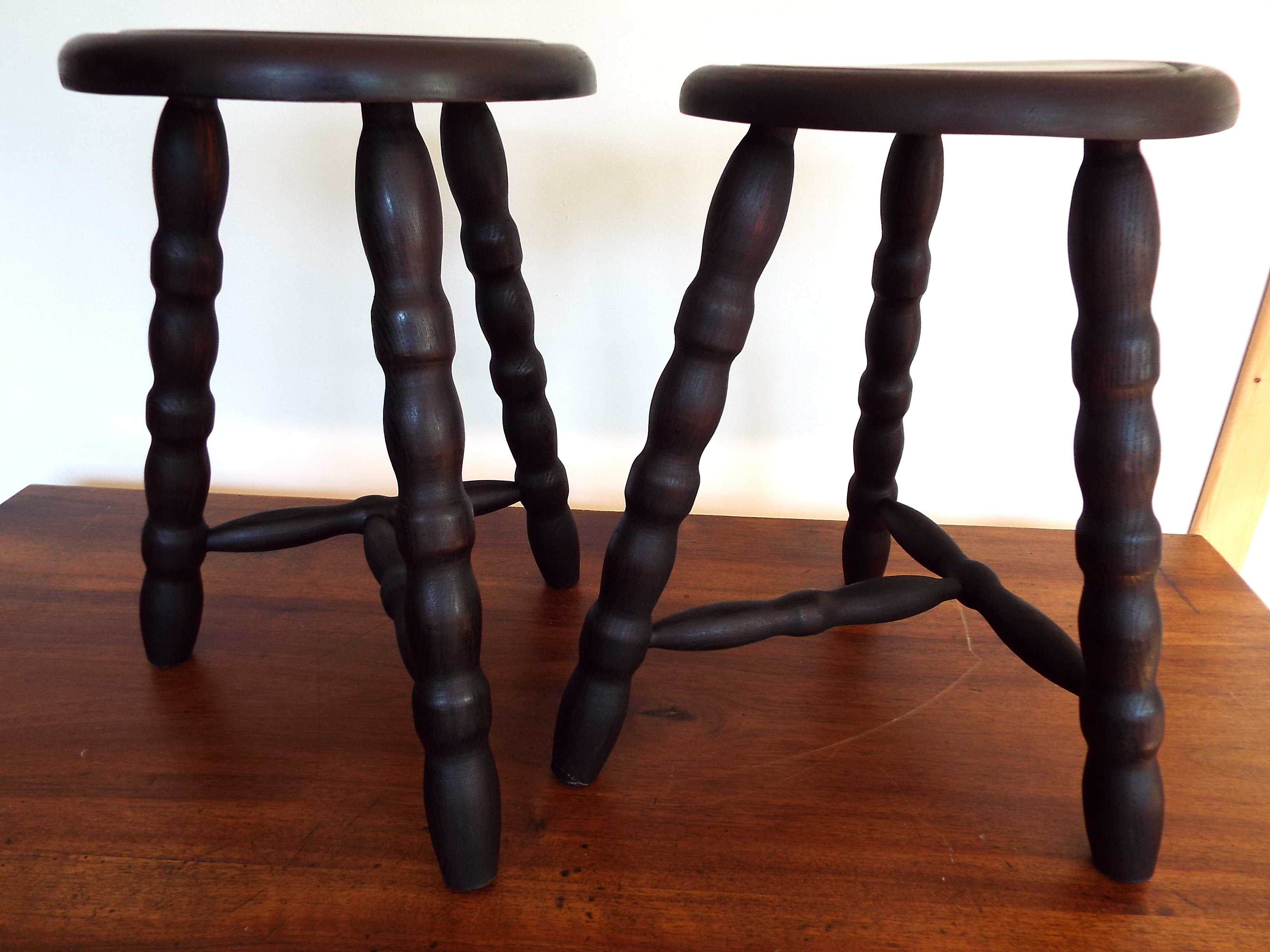 Pair of turned wooden tripod stools