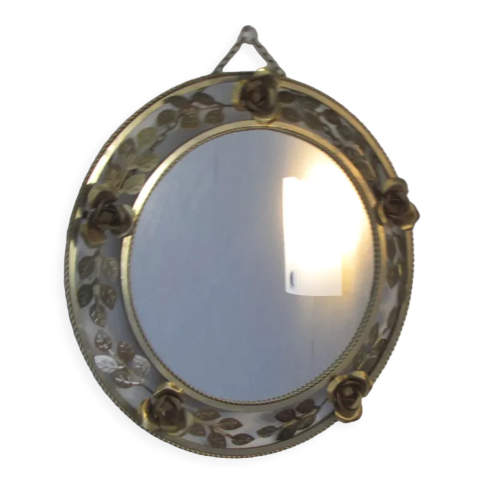 Miroir en métal doré rond, couronne de roses