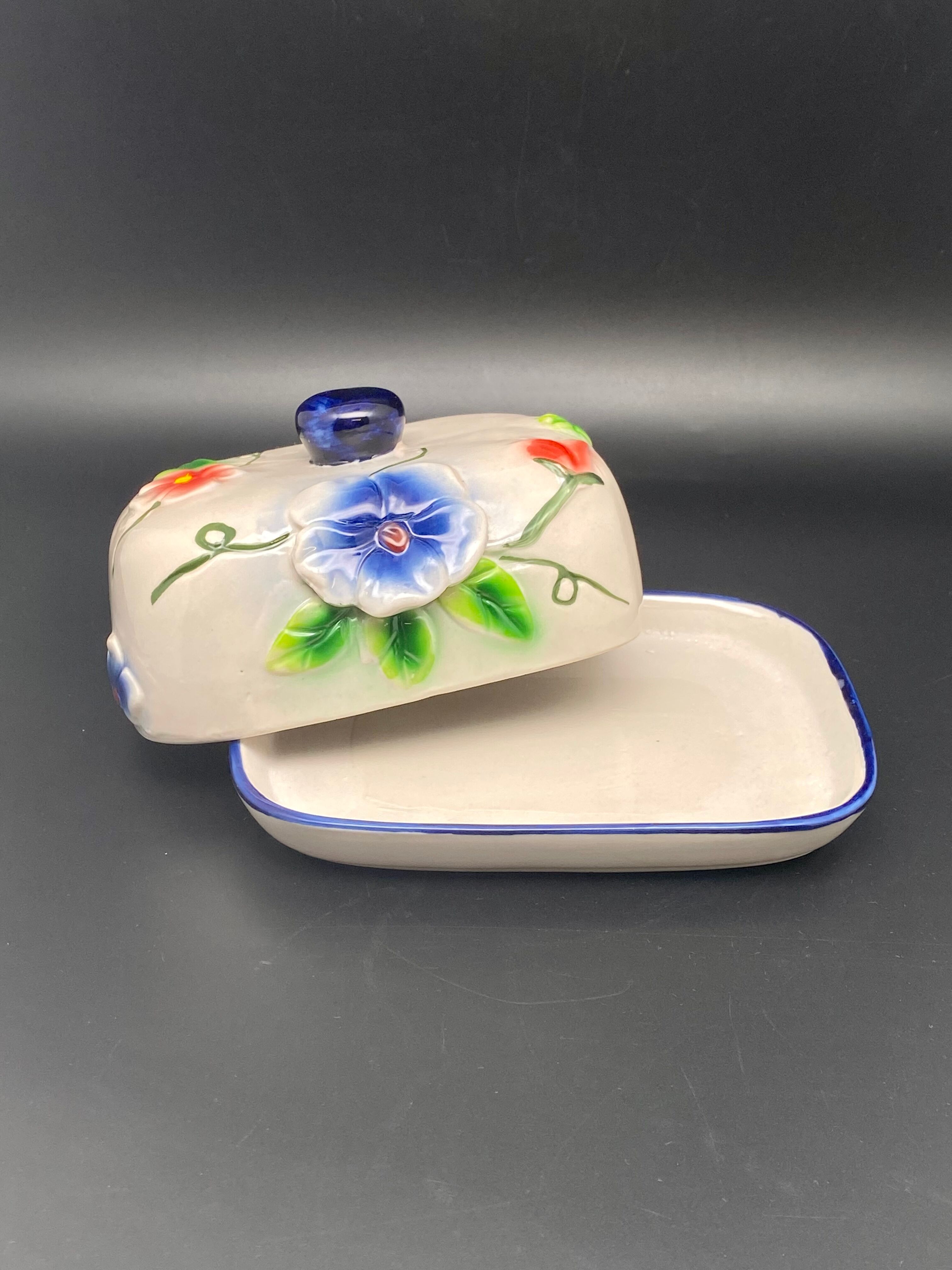 Ceramic butter dish with colored flowers