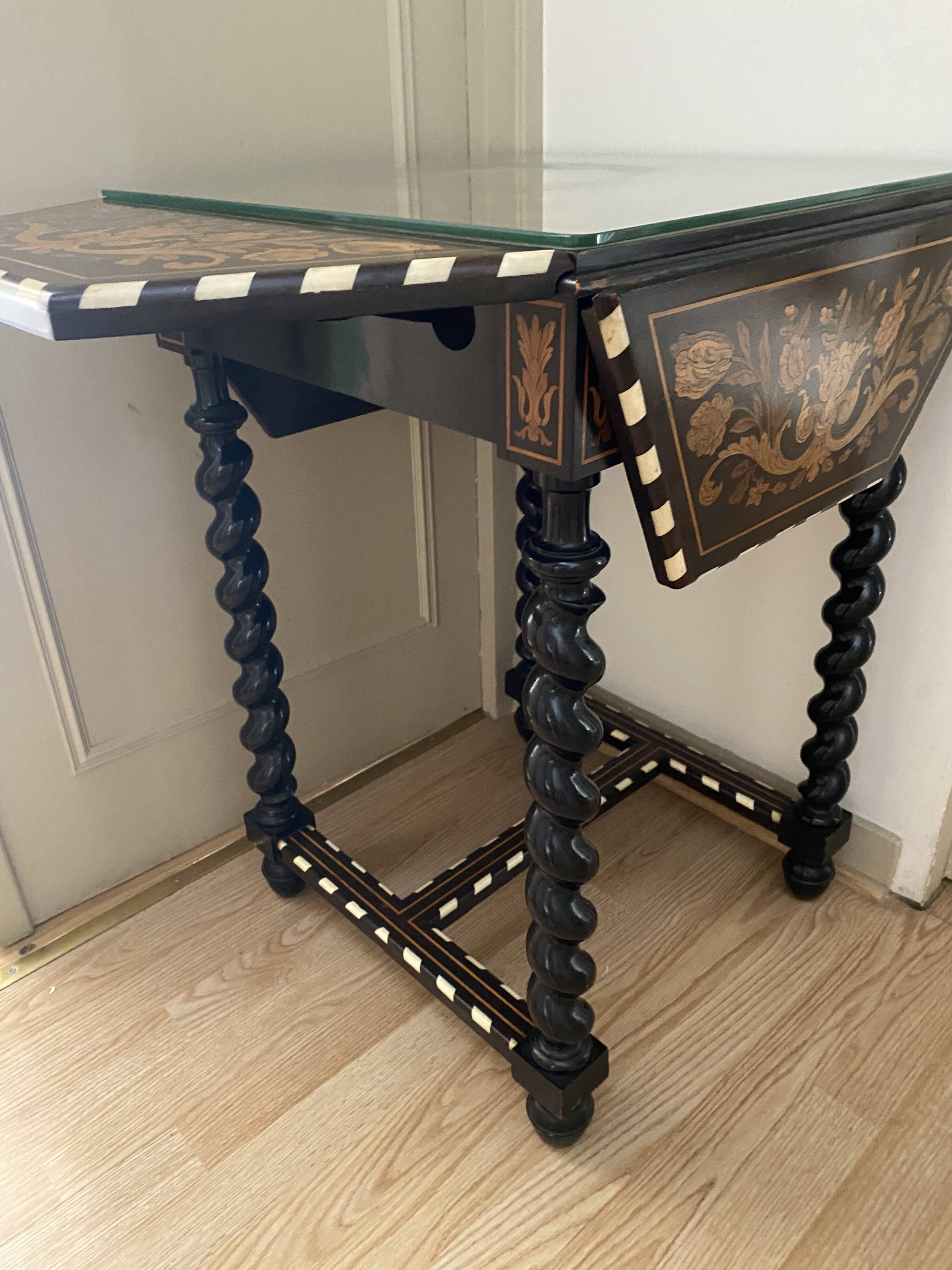 19th-century antique Holland table with floral marquetry.
