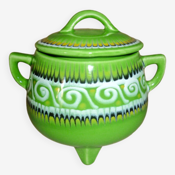 Green tripod pot with ceramic lid