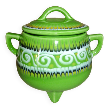Green tripod pot with ceramic lid