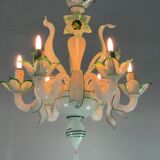 Venetian chandelier in opaline white and green Murano glass