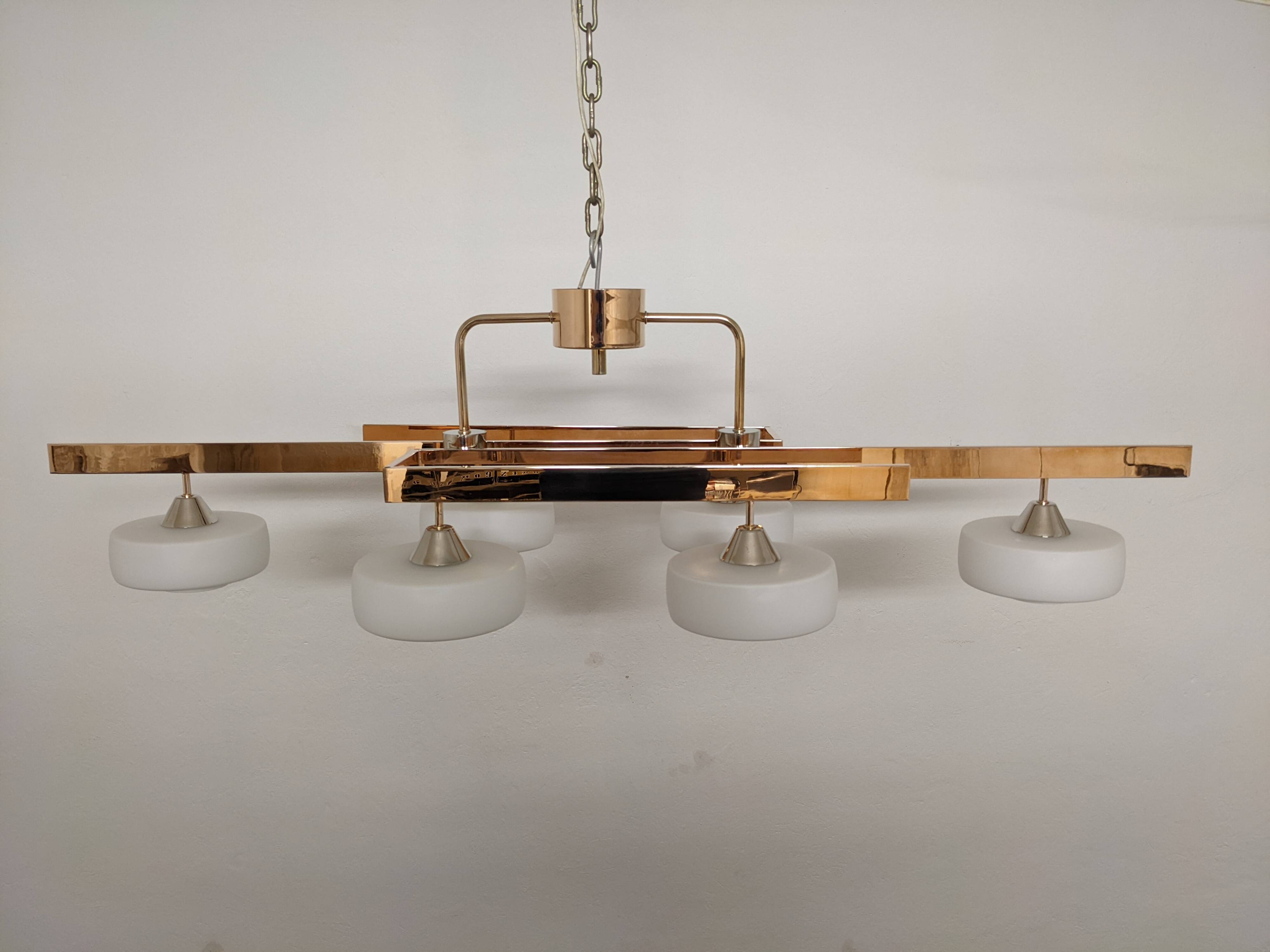 Arlus chandelier with 6 lights in opaline and brass from the 60s/70s