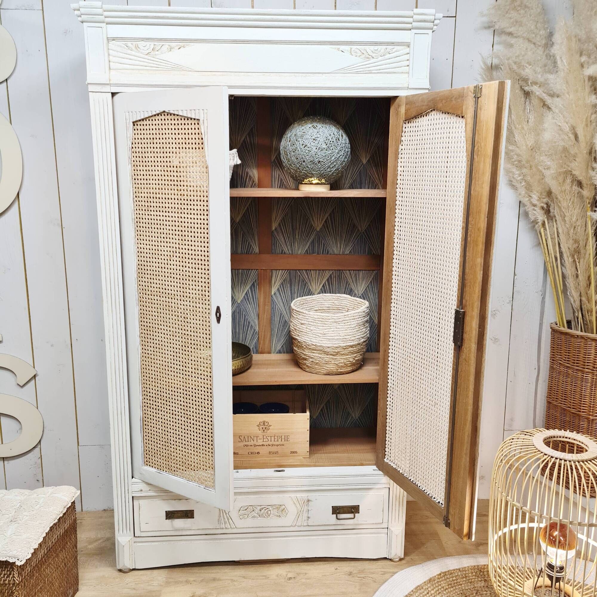 Art Deco wardrobe revisited Shabby chic style with two rattan canning doors