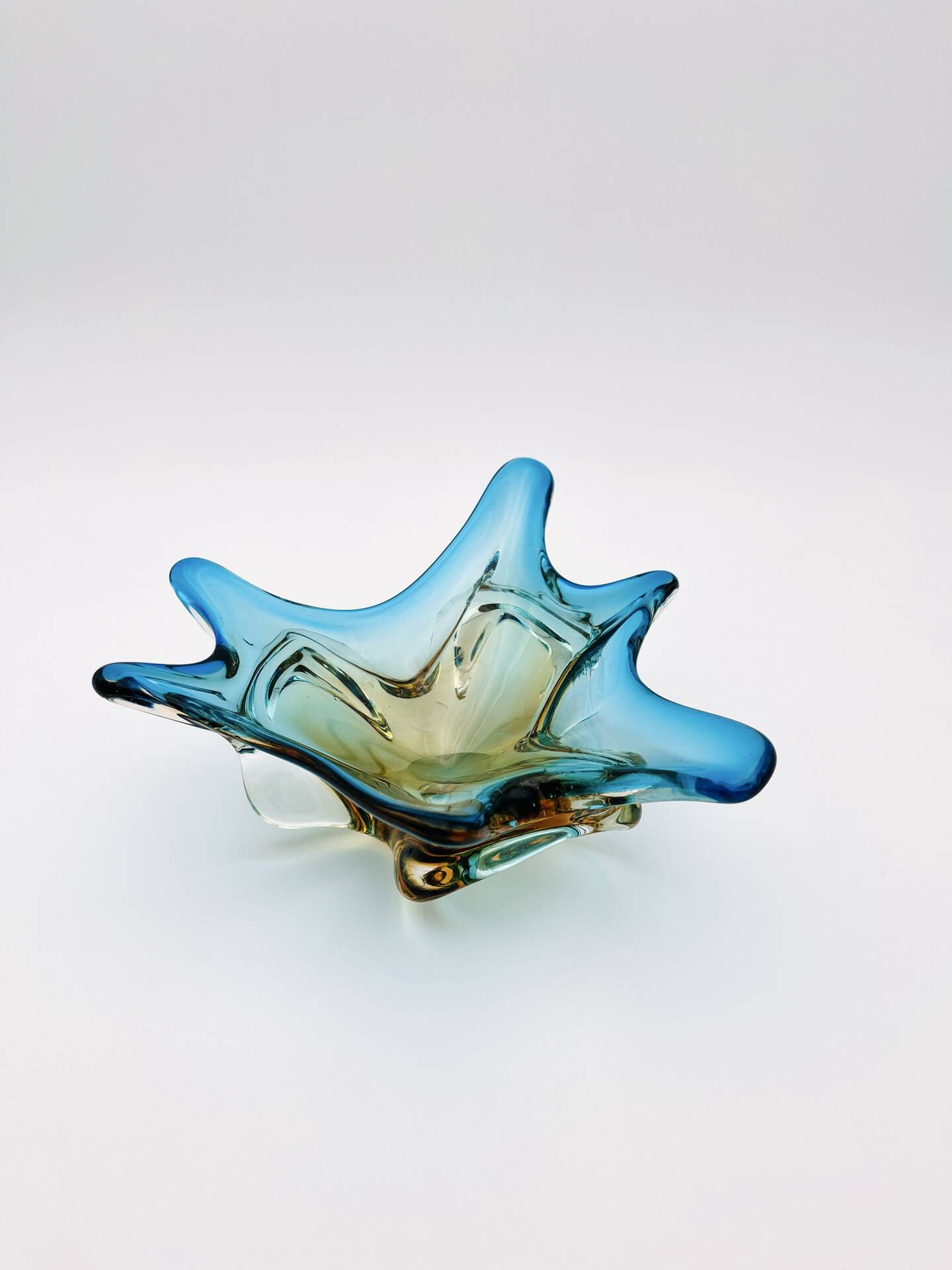 Murano Sommerso Blue Amber Sculpture Bowl 23cm
