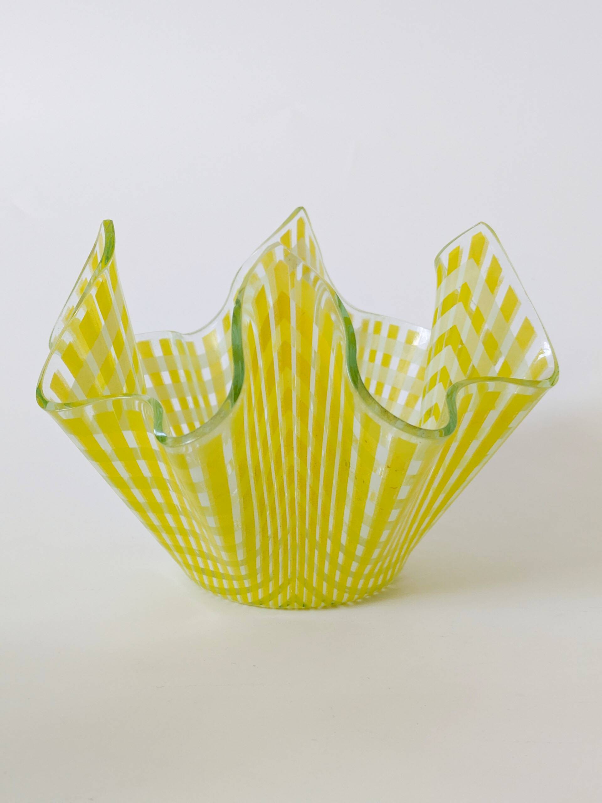 Pair of "Gingham" Chance Brothers cups with yellow checkered pattern and wavy edges.