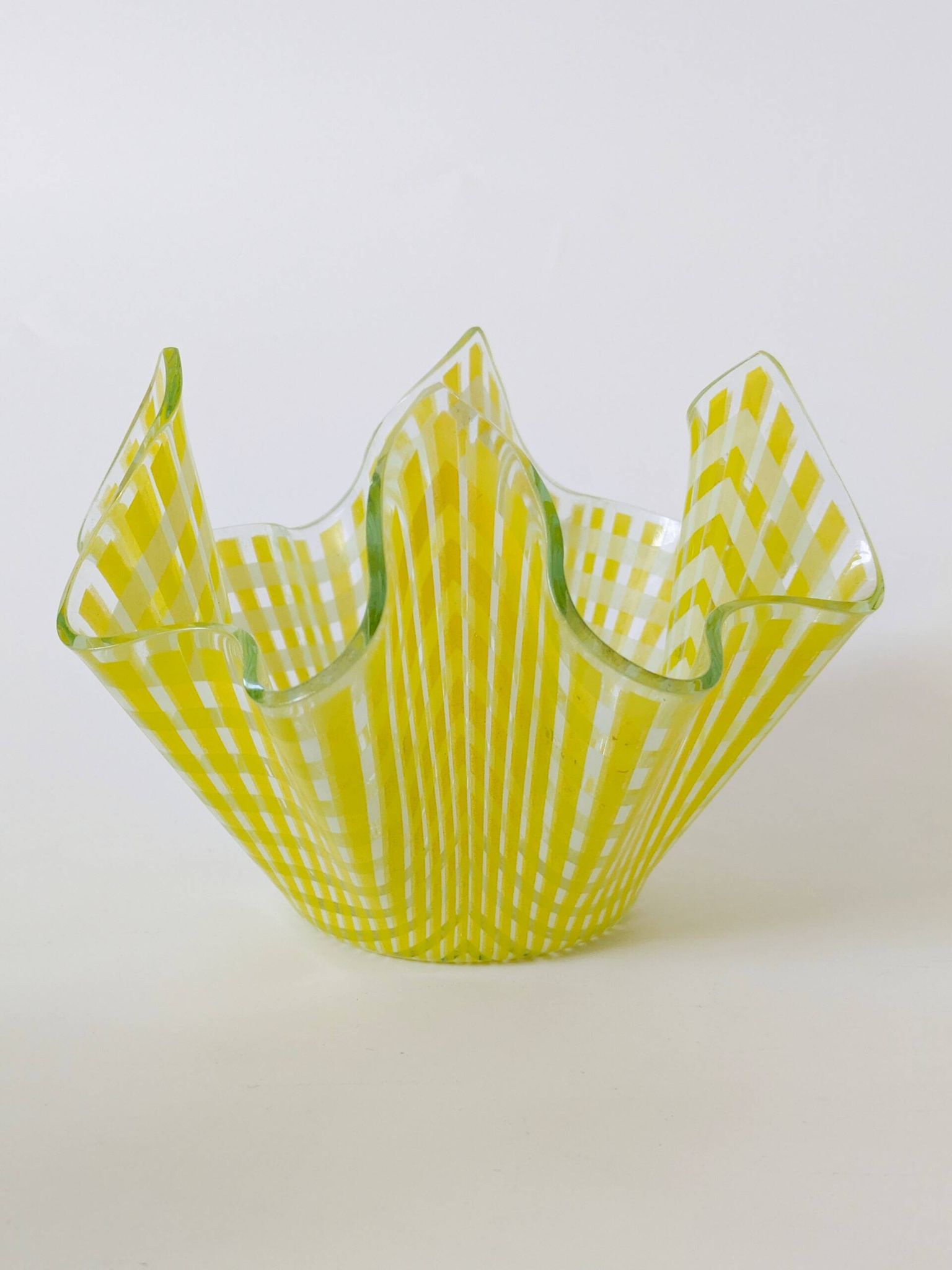 Pair of "Gingham" Chance Brothers cups with yellow checkered pattern and wavy edges.