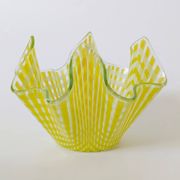 Pair of "Gingham" Chance Brothers cups with yellow checkered pattern and wavy edges.