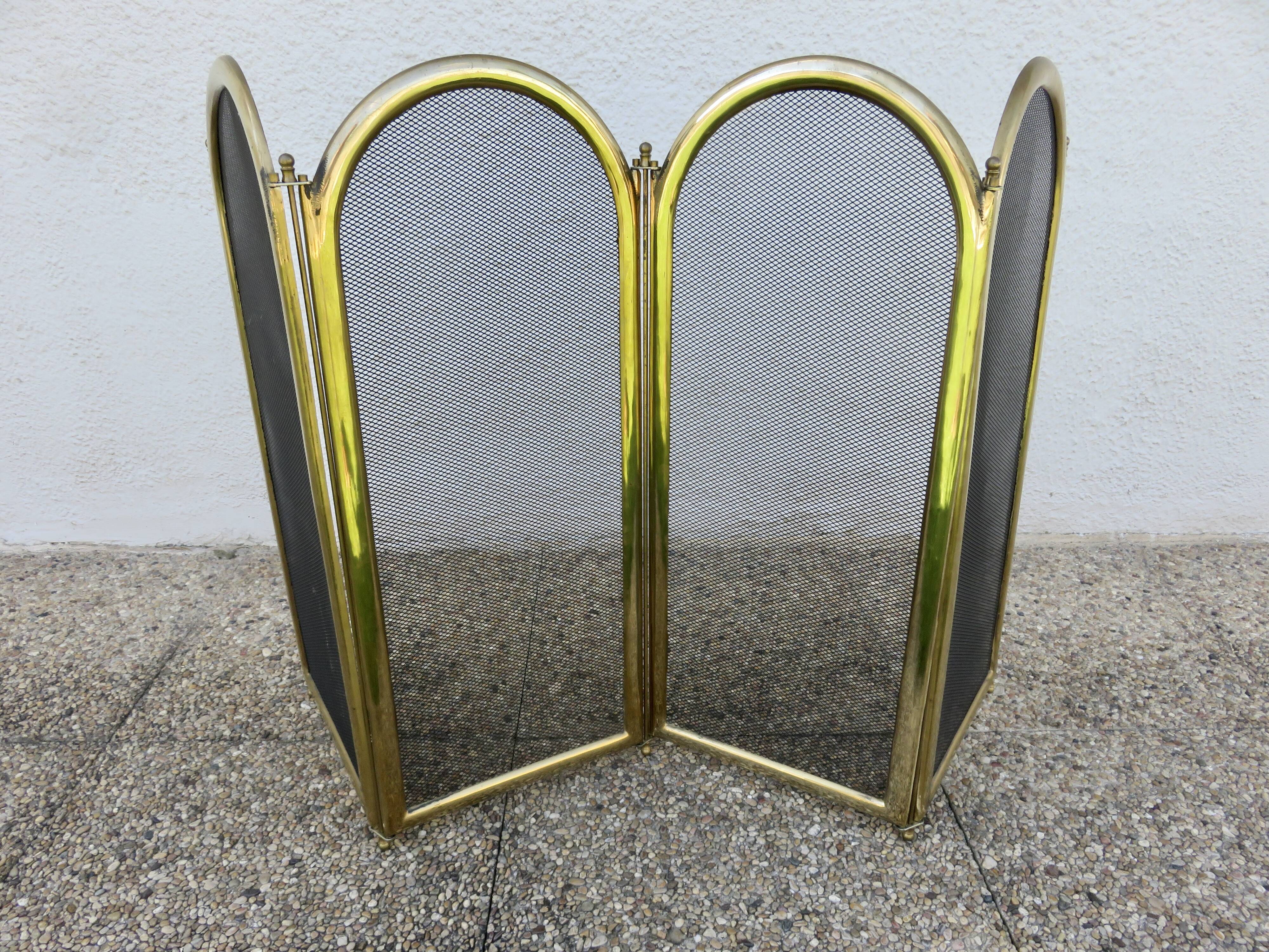 Fireplace screen, spark guard, brass, gilded, 4 panels, 1950.