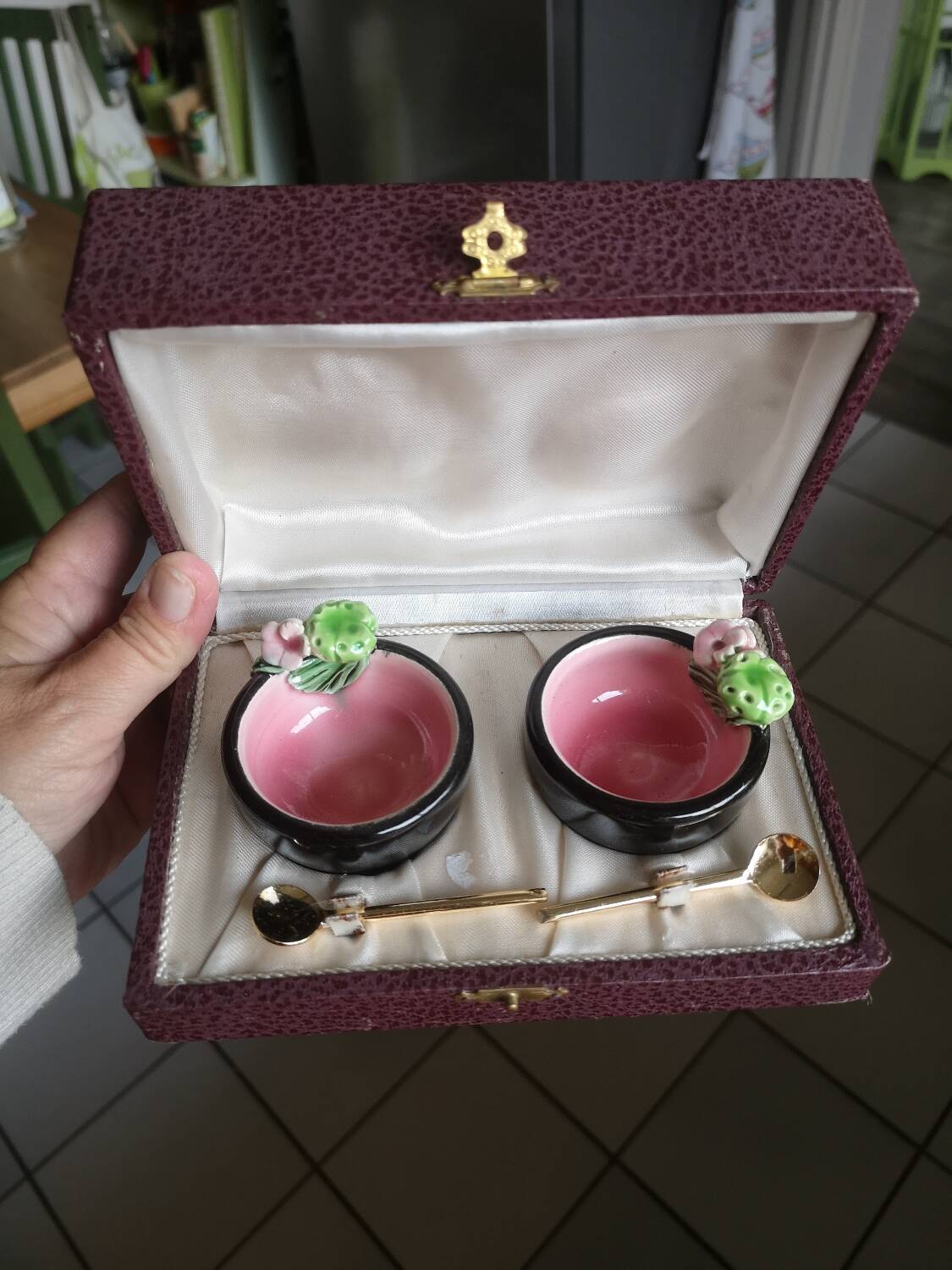 Vintage Keramos Sèvres salt cellars in their case