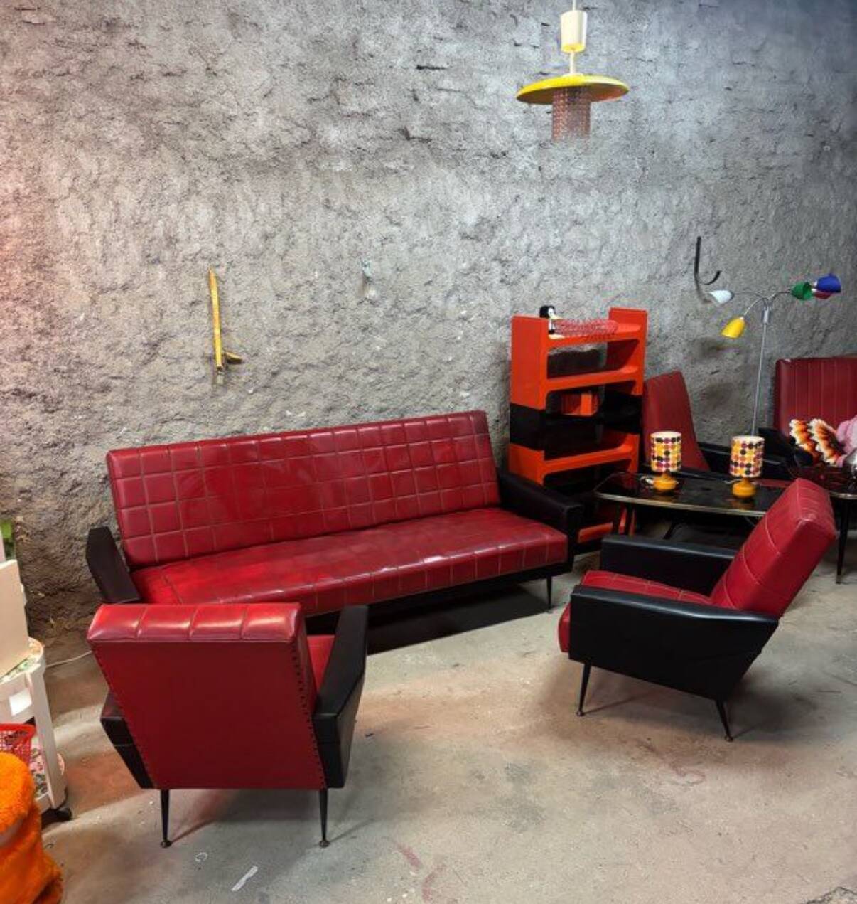 Vintage sofa and 2 armchairs with compass feet