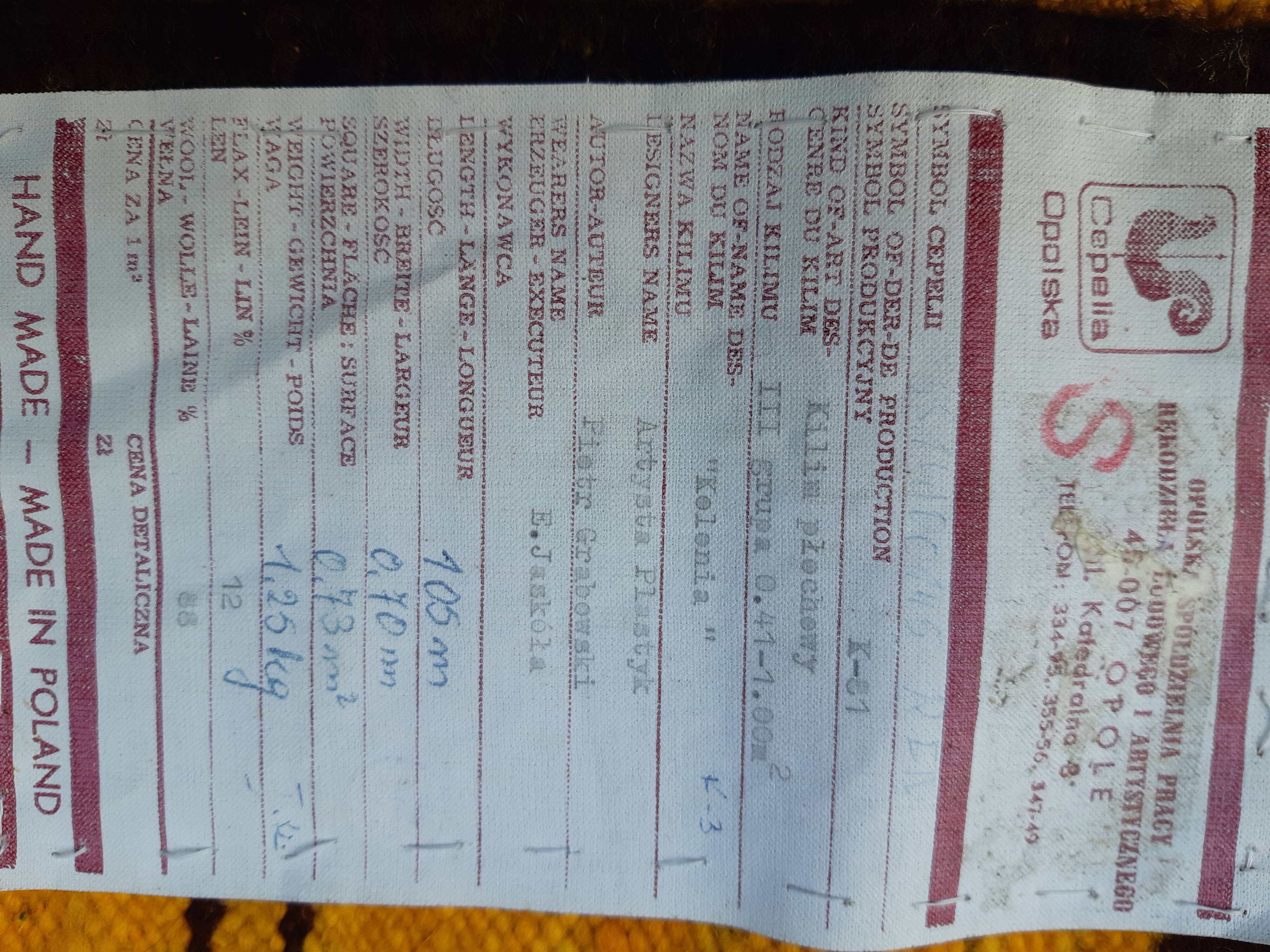 Kilim rug "Kolonia" by Piotr Grabowski for Cepelia handmade Poland 70s, 70x105