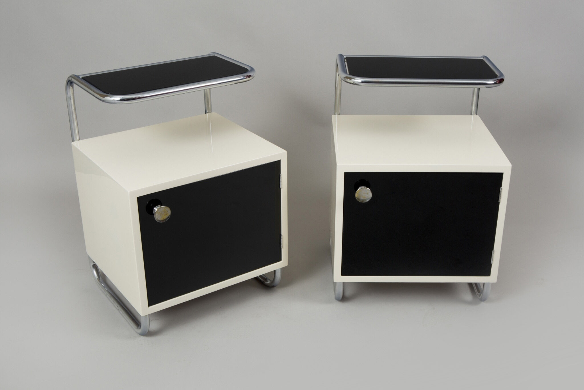 Pair of Black and white bed side tables made in 1940s Czechia