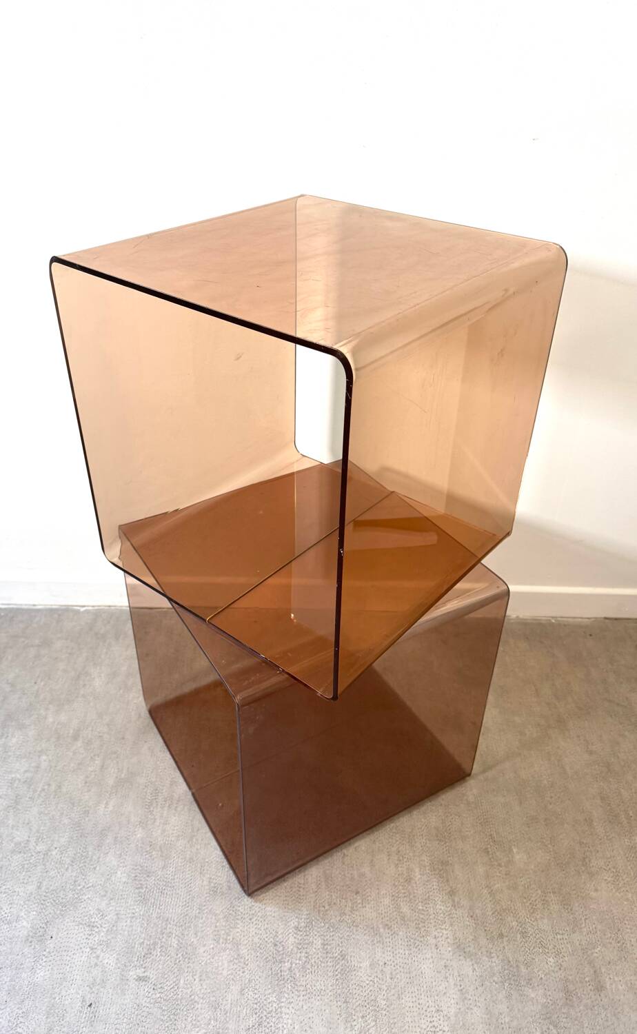 Pair of smoked Plexiglas cubes by Michel Dumas