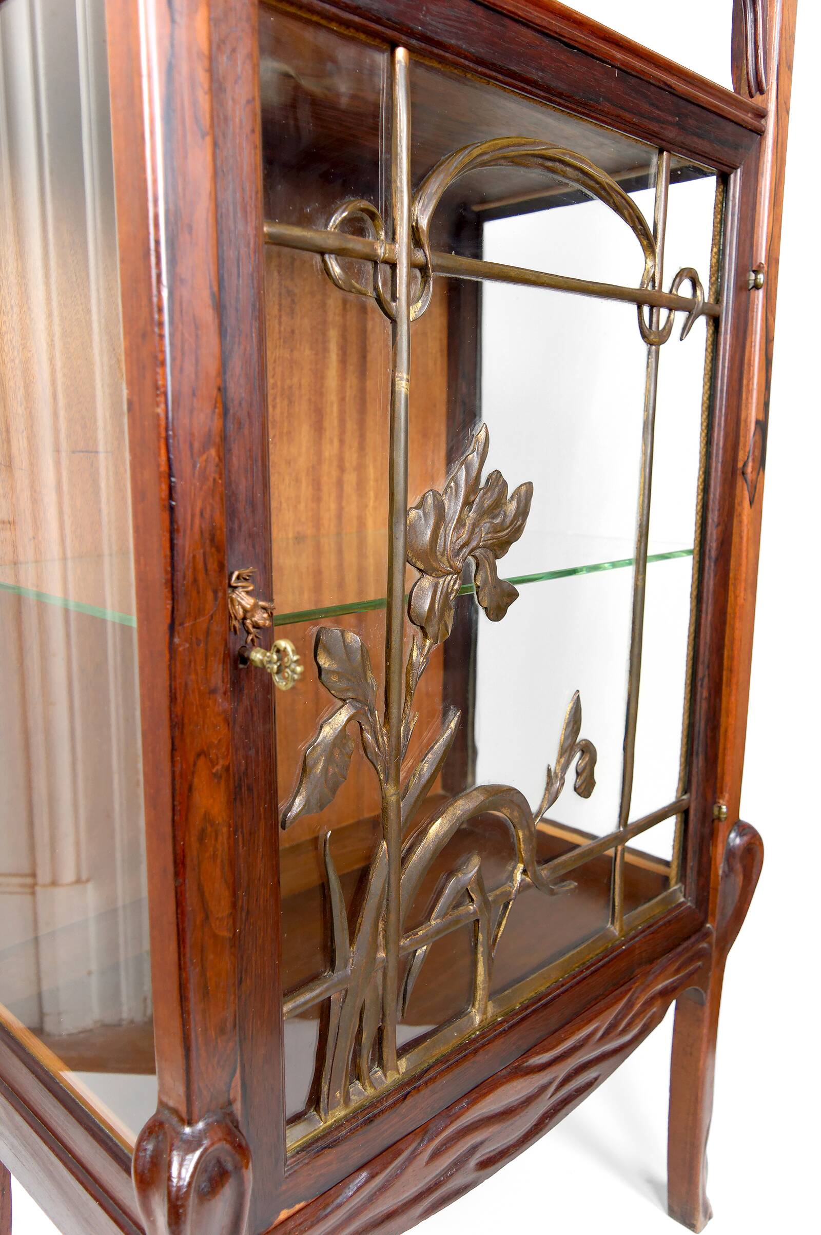 Art Nouveau Display Case, Bronzes and Carved Wood on a Lake Theme, 1900