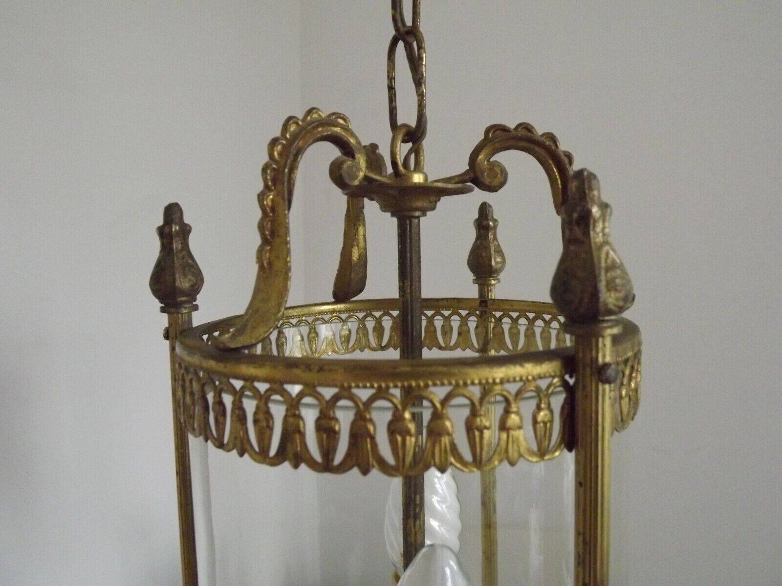 Vintage French Round Gold Metal and Brass 2 Light Lantern Ceiling Light 4724