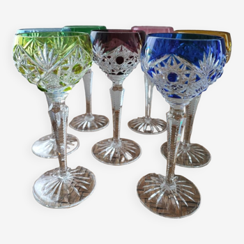 Set of 7 roemer colored crystal stemmed glasses signed baccarat parmentier model