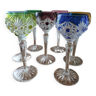 Set of 7 roemer colored crystal stemmed glasses signed baccarat parmentier model