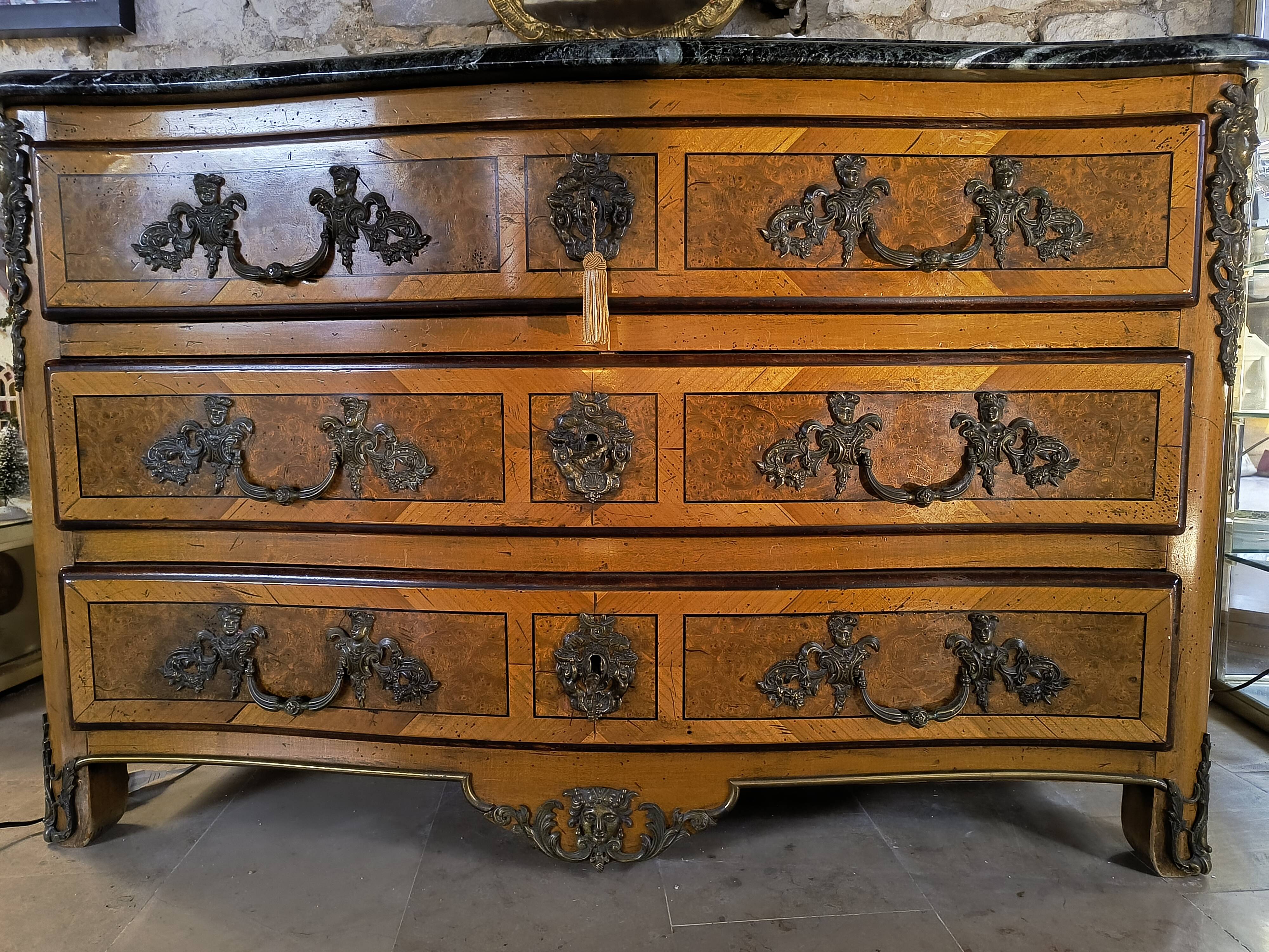 "Louis XIV" style commode with green Alpine marble and walnut burl.