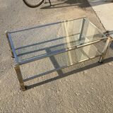 Table basse Pierre Vandel en verre, laiton doré et argenté