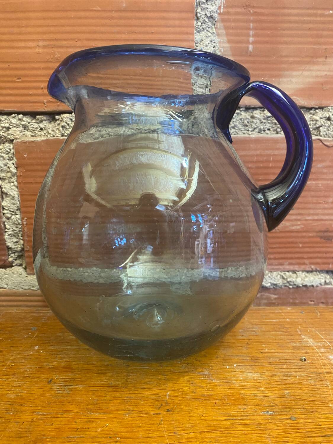 Antique Blown Bubble Glass Pitcher Transparent & Cobalt Blue 2L Vintage