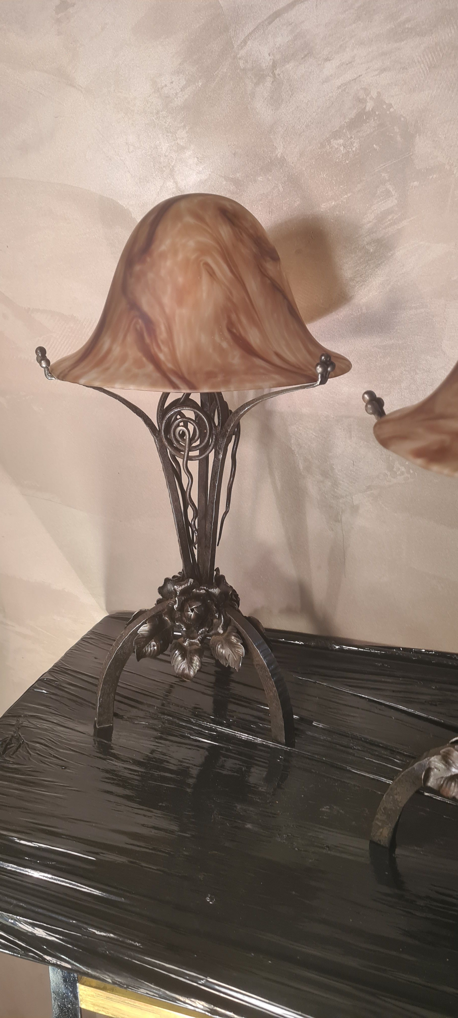 Pair of art nouveau wrought iron lamps with marbled glass paste 42x25