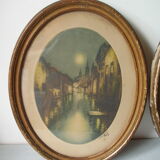 Old pair of lithographs house at the edge of the water signed wooden medallion frame