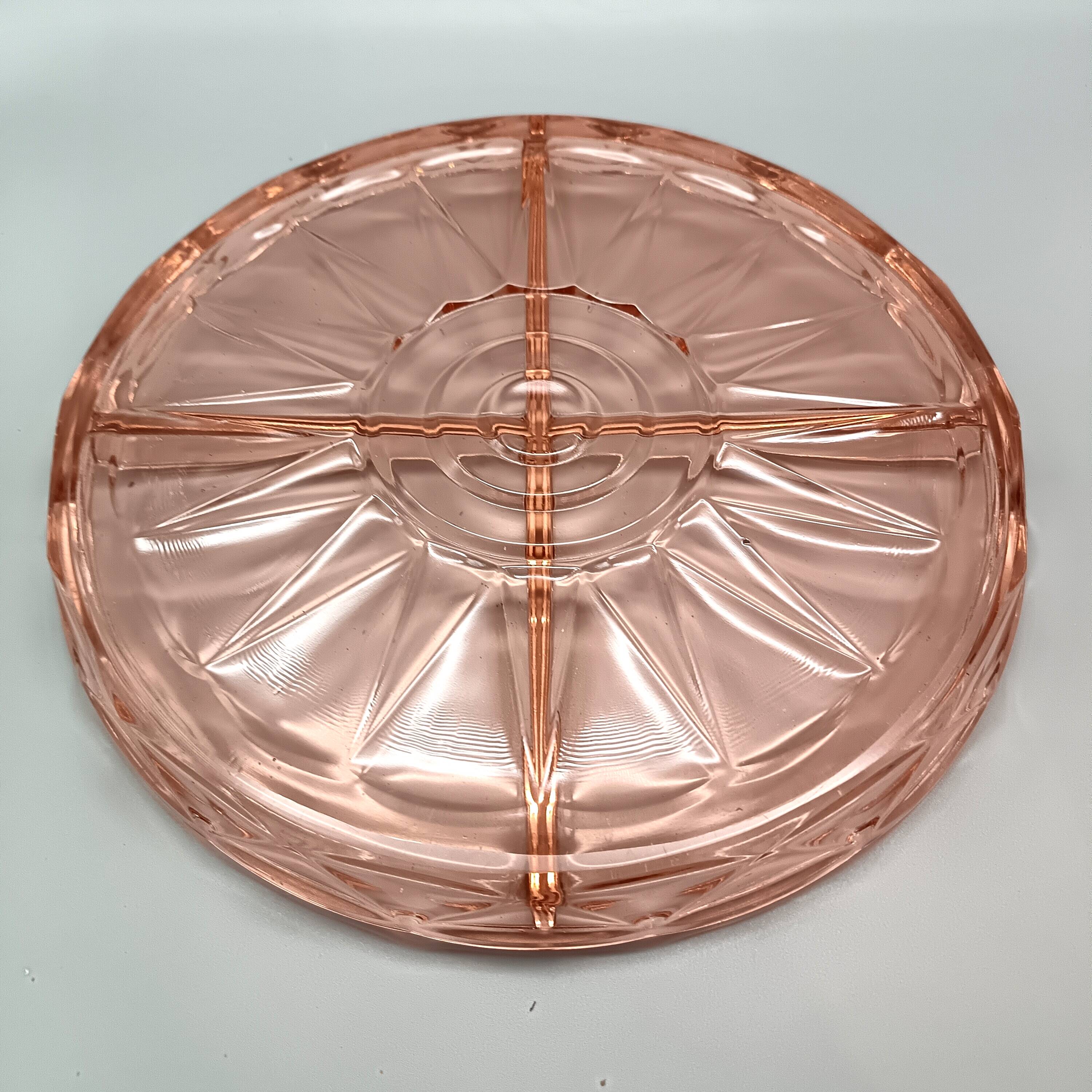 Beautiful pink dish with 4 compartments in vintage pressed glass