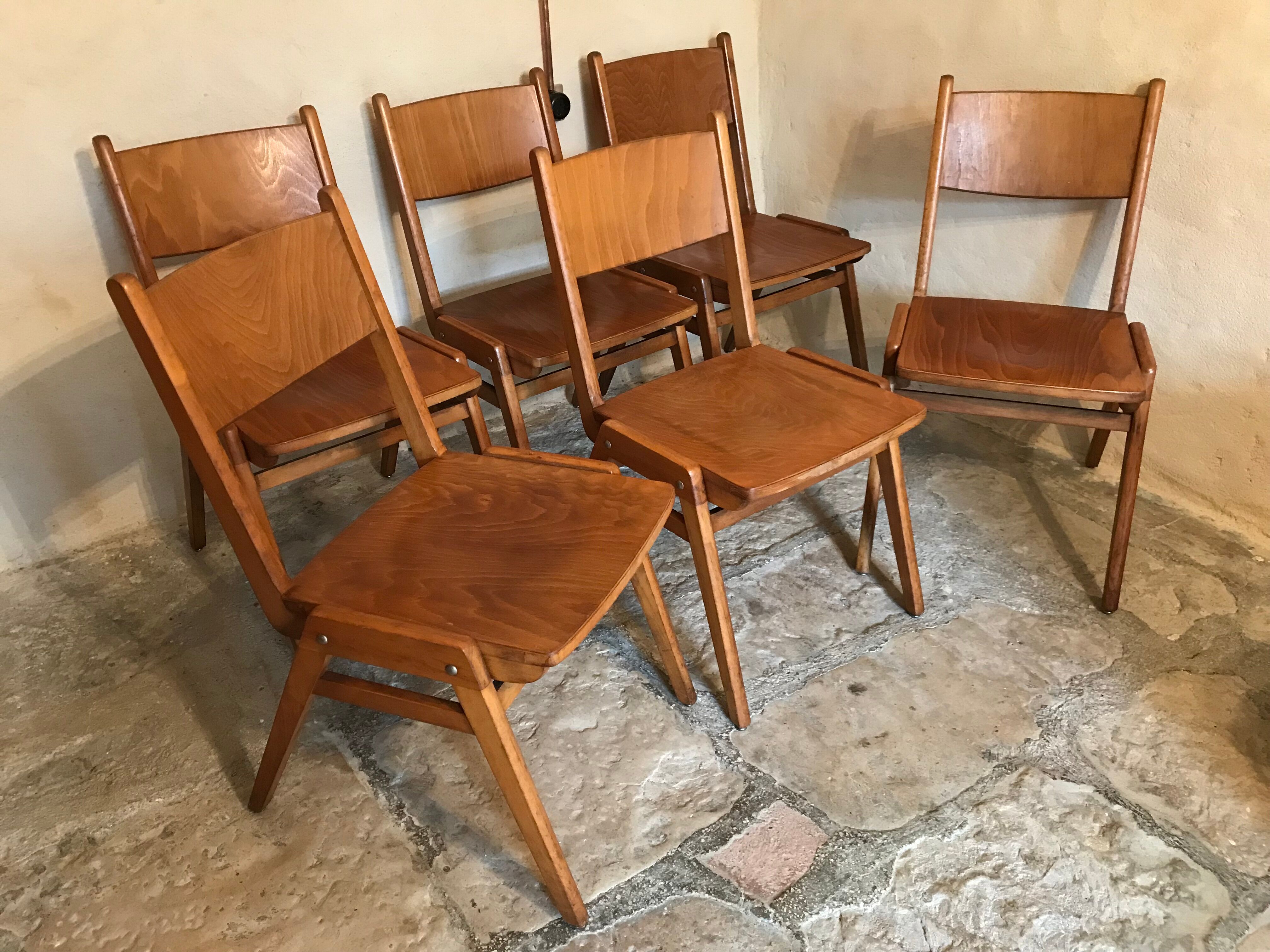 Set of 6 vintage wooden stackable chairs compass legs Germany 1960's