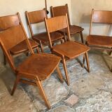 Set of 6 vintage wooden stackable chairs compass legs Germany 1960's
