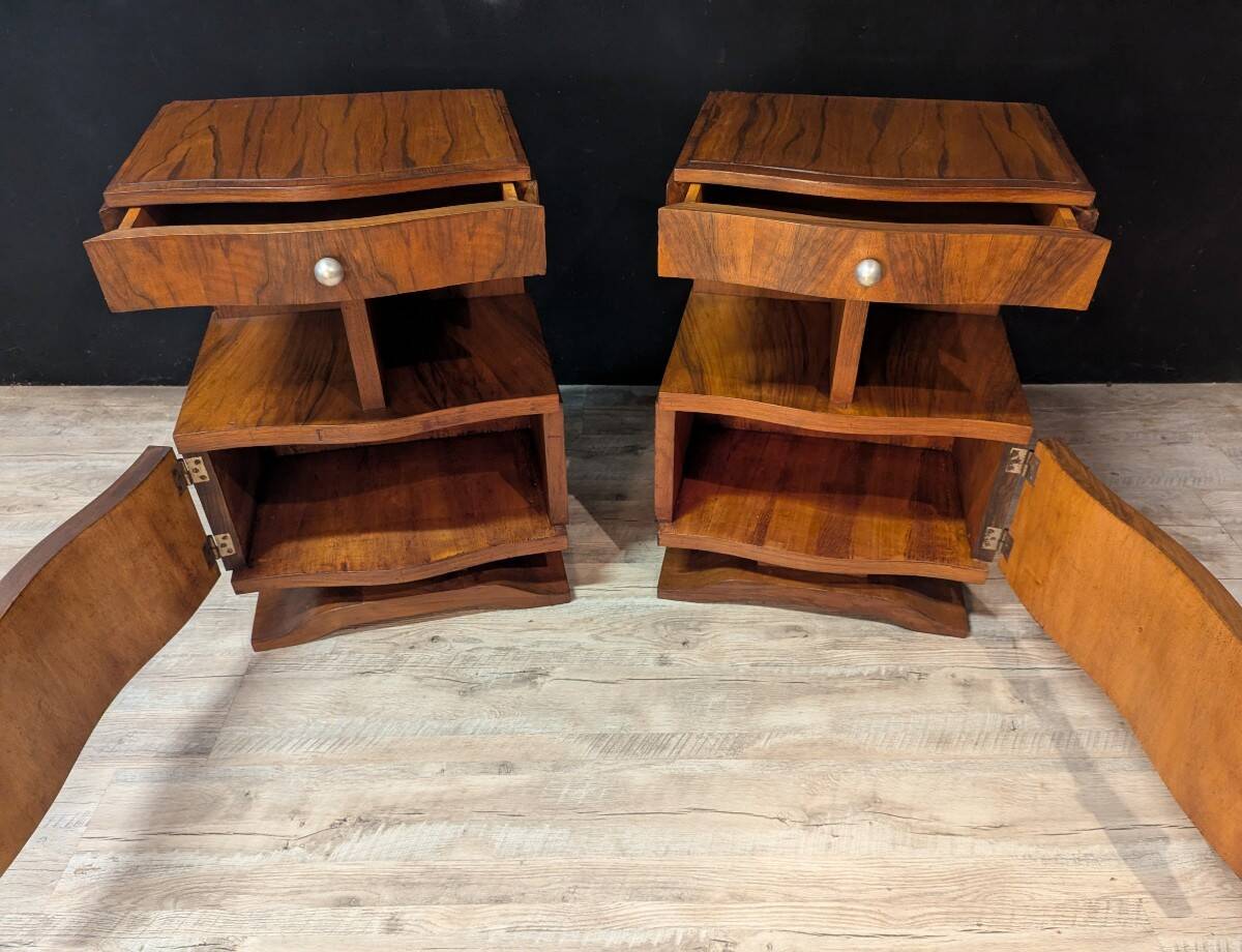 Pair of Art Deco bedside tables in walnut, left and right.