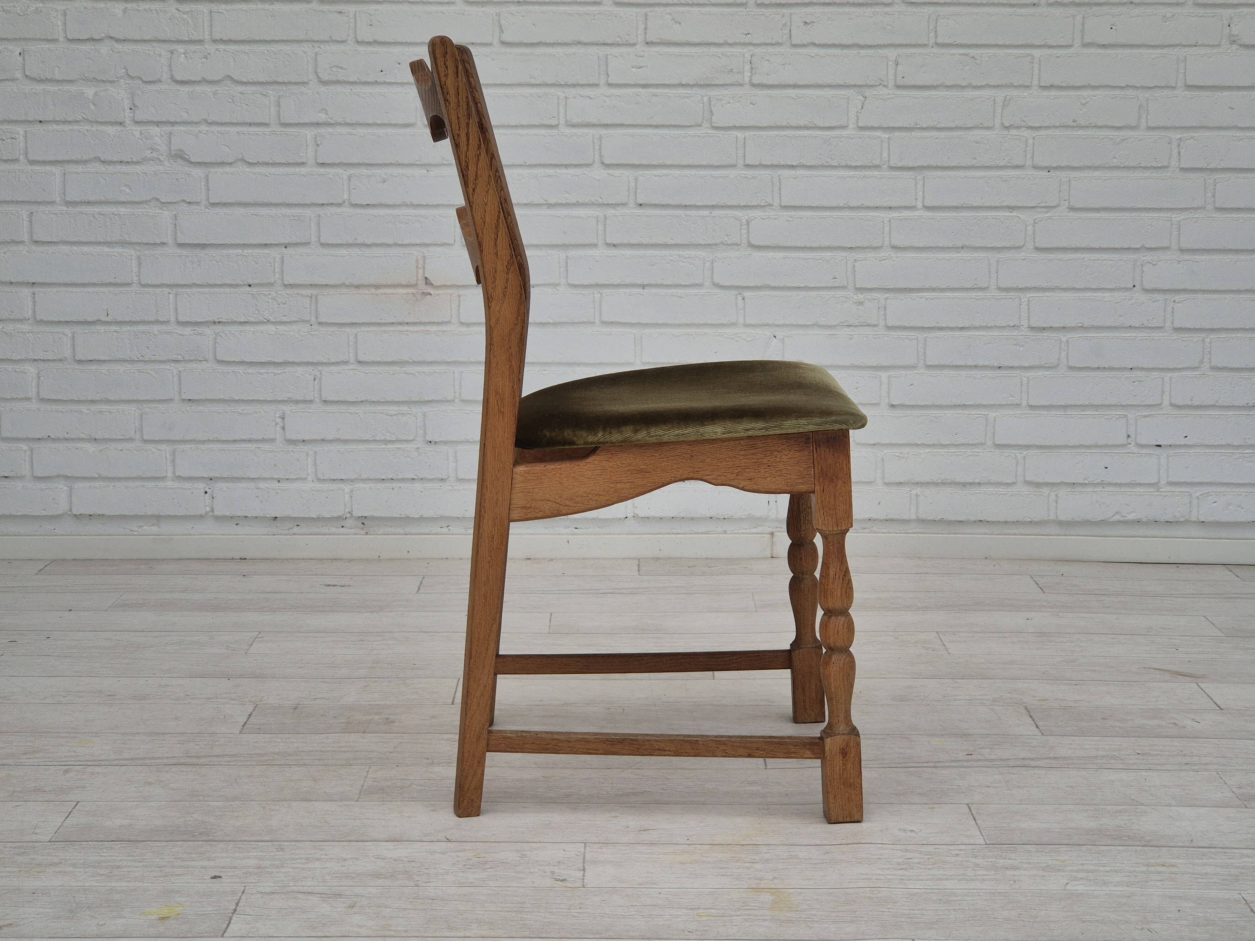 1970s, set of 4 Danish dining chairs, original condition, oak wood, furniture velour.