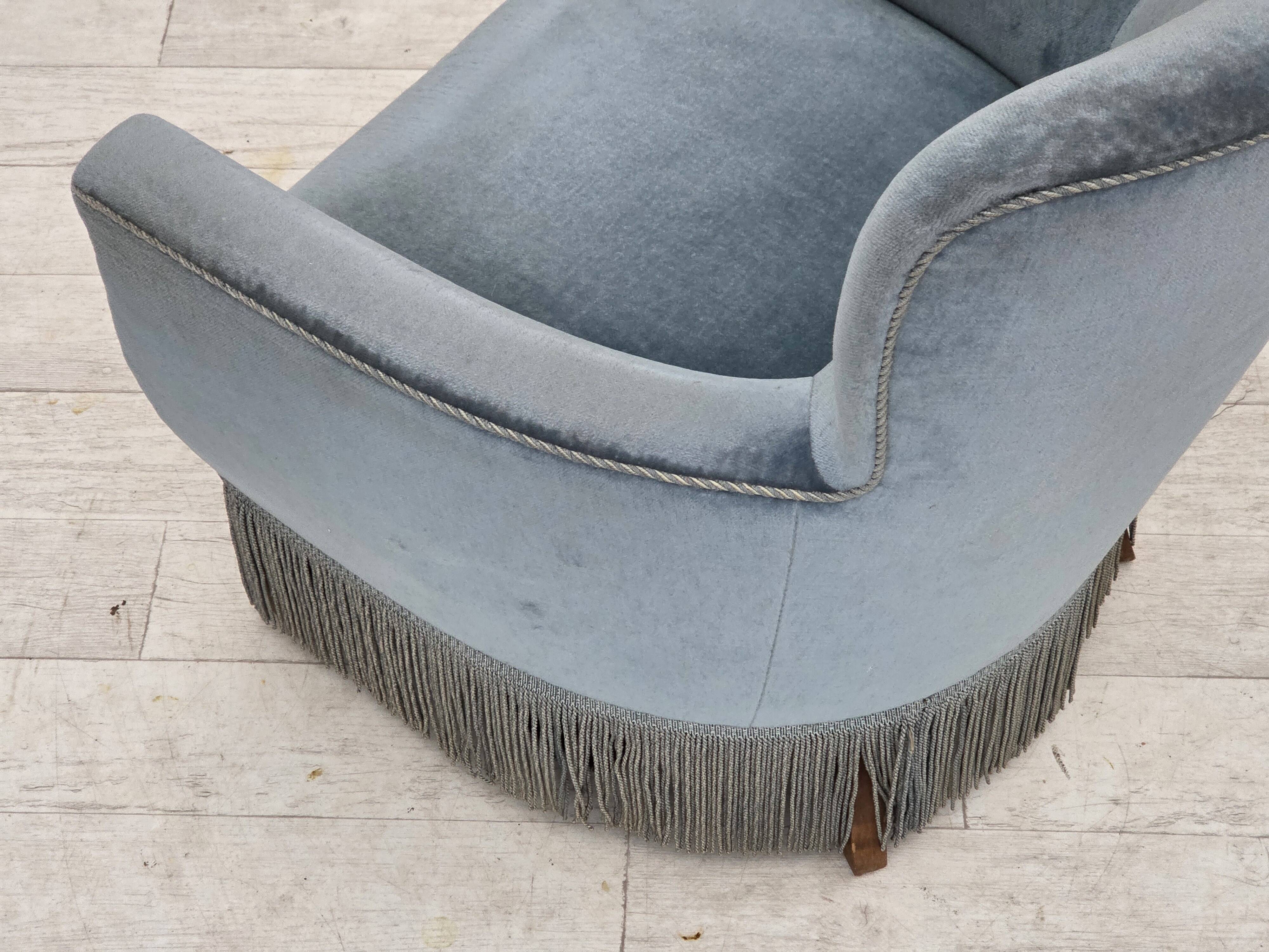 1970s, Danish armchair with footstool, blue furniture velour, oak wood legs