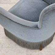 1970s, Danish armchair with footstool, blue furniture velour, oak wood legs