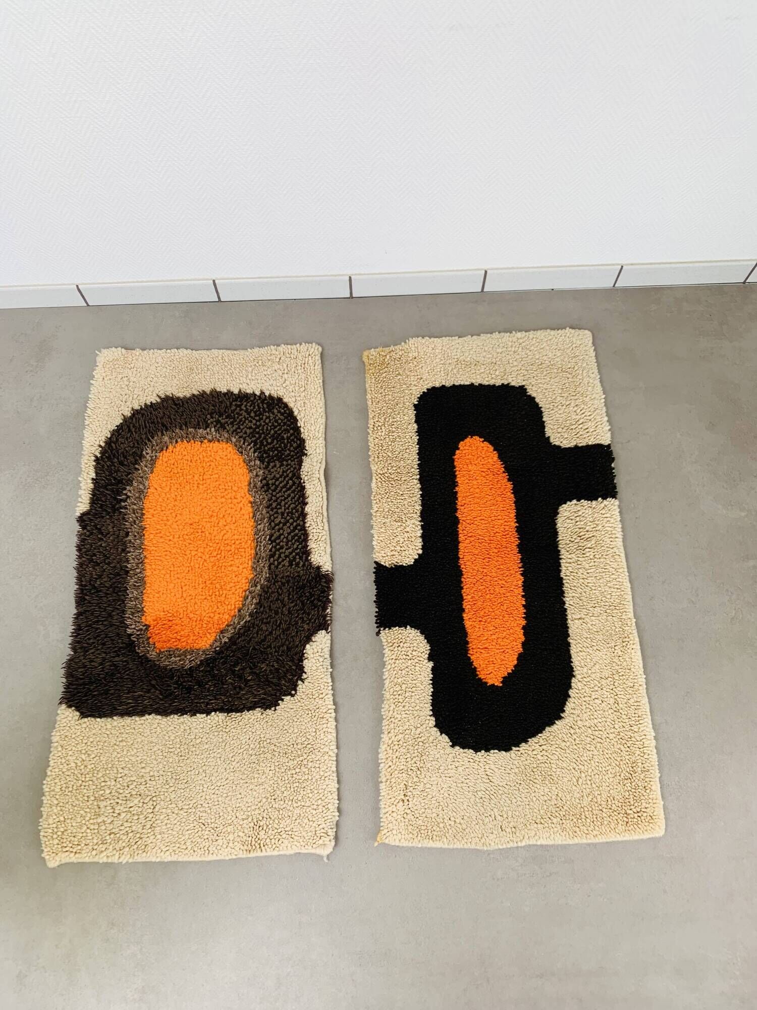 Pair of 70's wool rugs/bedside mats, Scandinavian style.