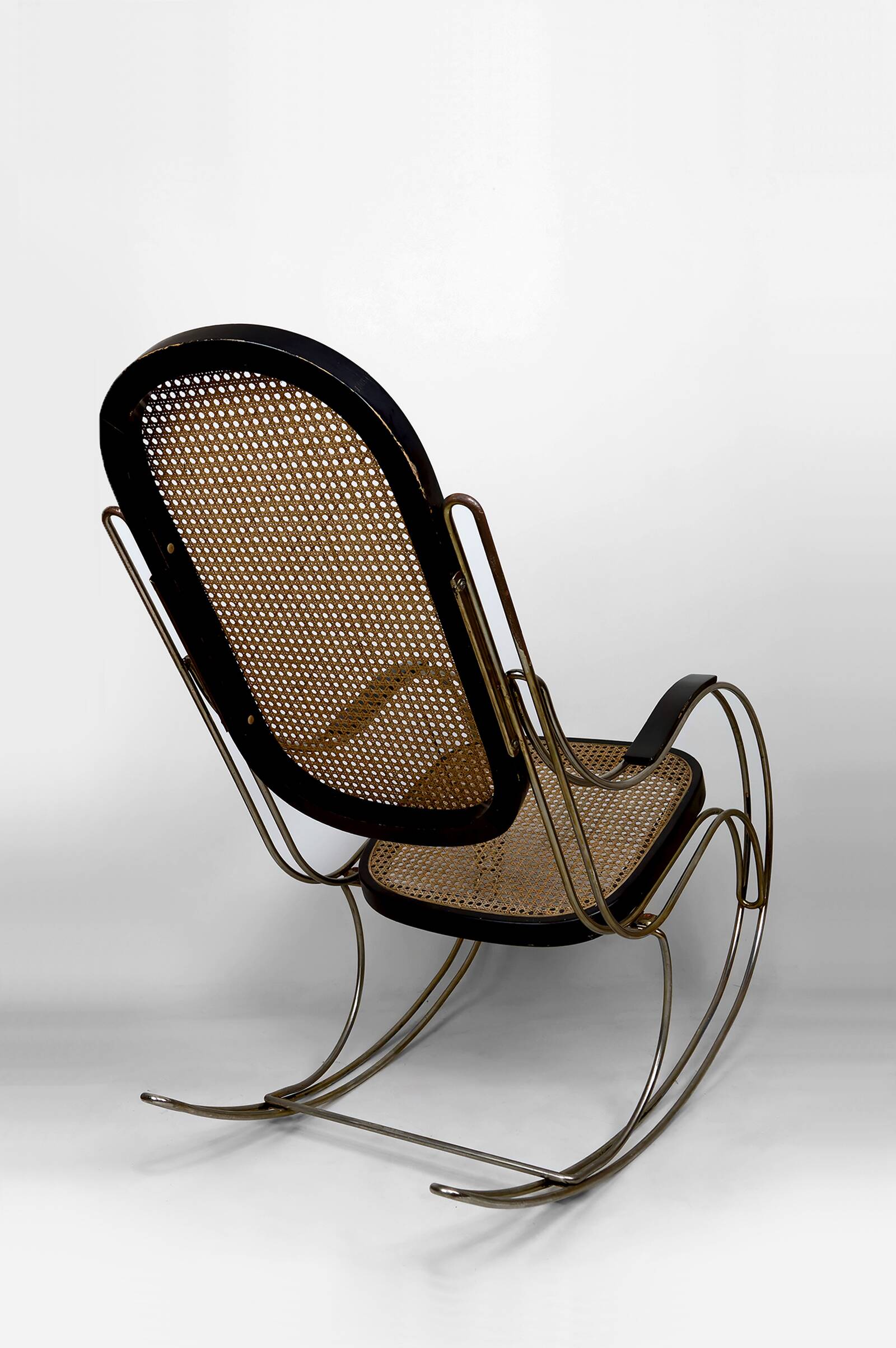 Modernist Rocking Chair in Blackened Wood, Canework and Chrome Frame, 1960-70