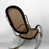Modernist Rocking Chair in Blackened Wood, Canework and Chrome Frame, 1960-70