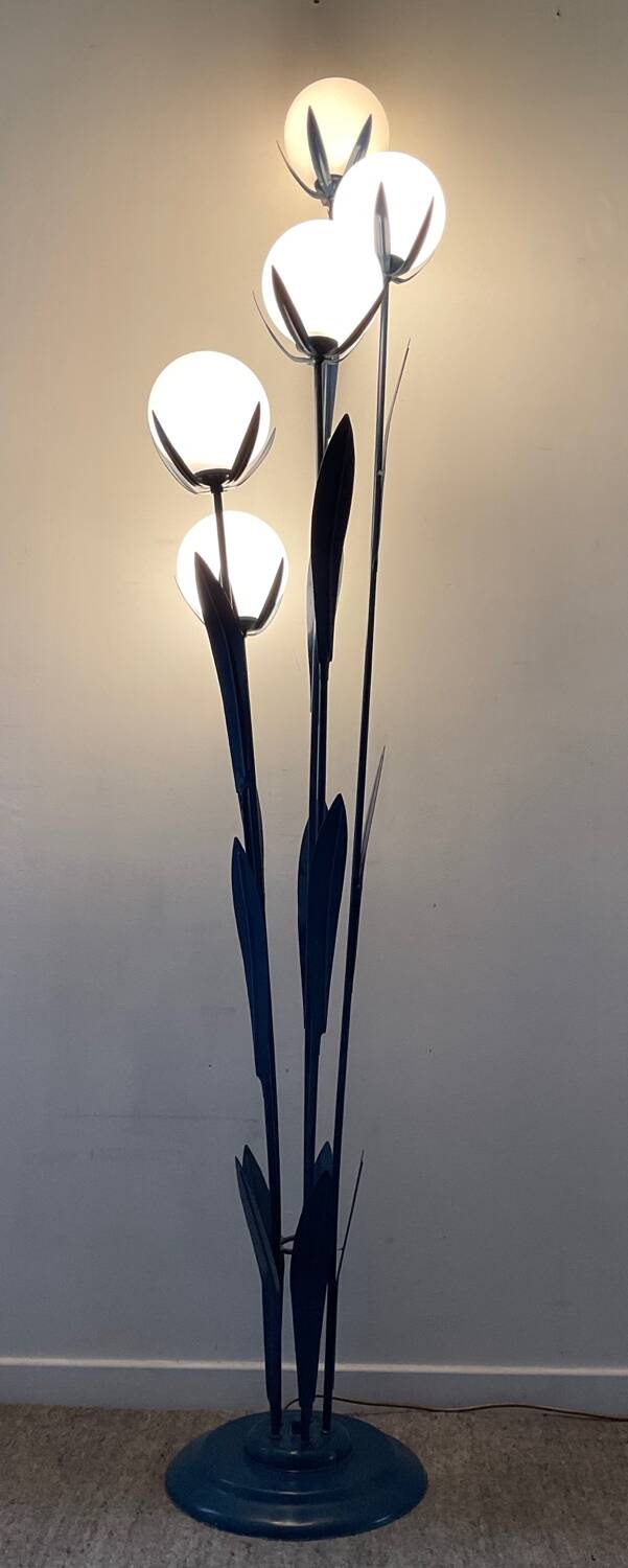 Vintage floor lamp 5 lamps in opaline and blue metal
