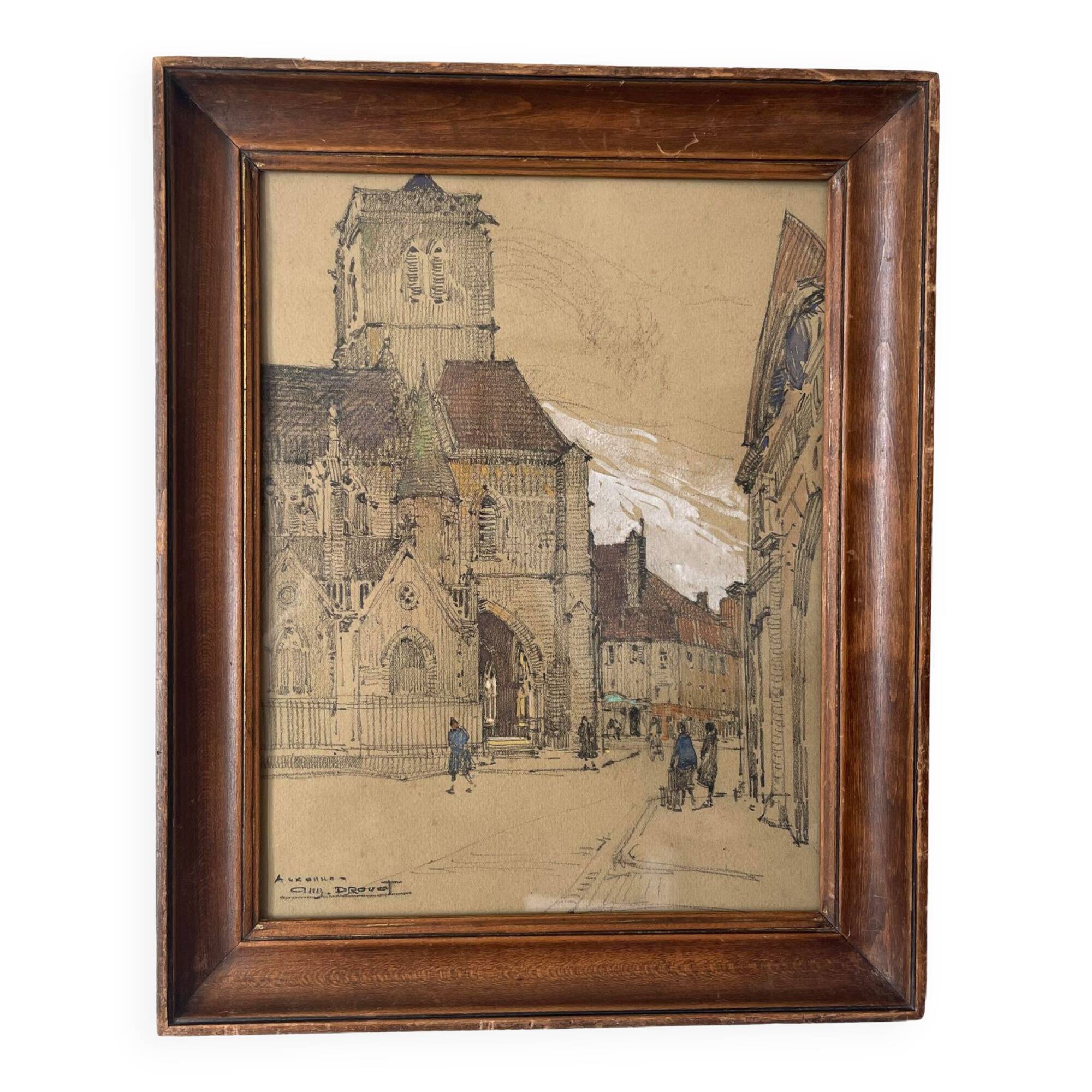 Auguste Drouot (1881- 1955) painting "The cathedral of Auxerre and its surroundings"