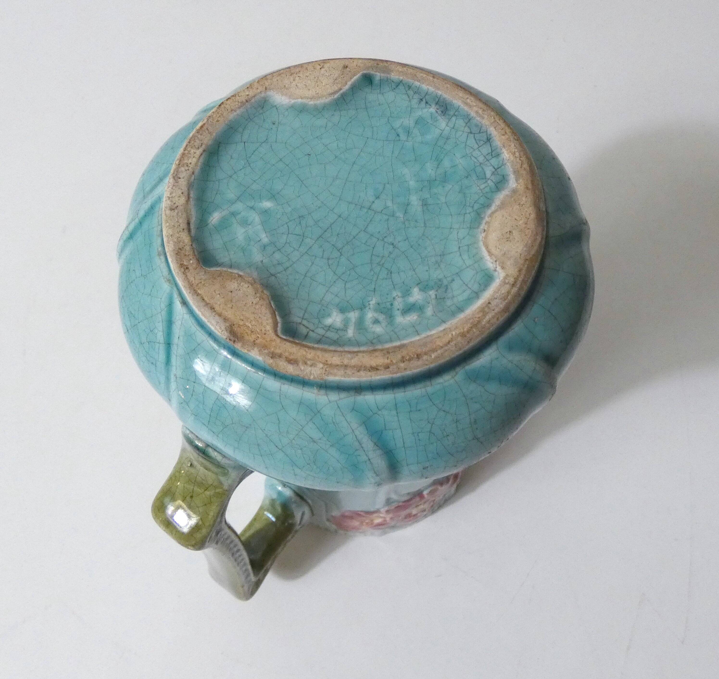 Antique Art Deco turquoise flowered slipware jug vase