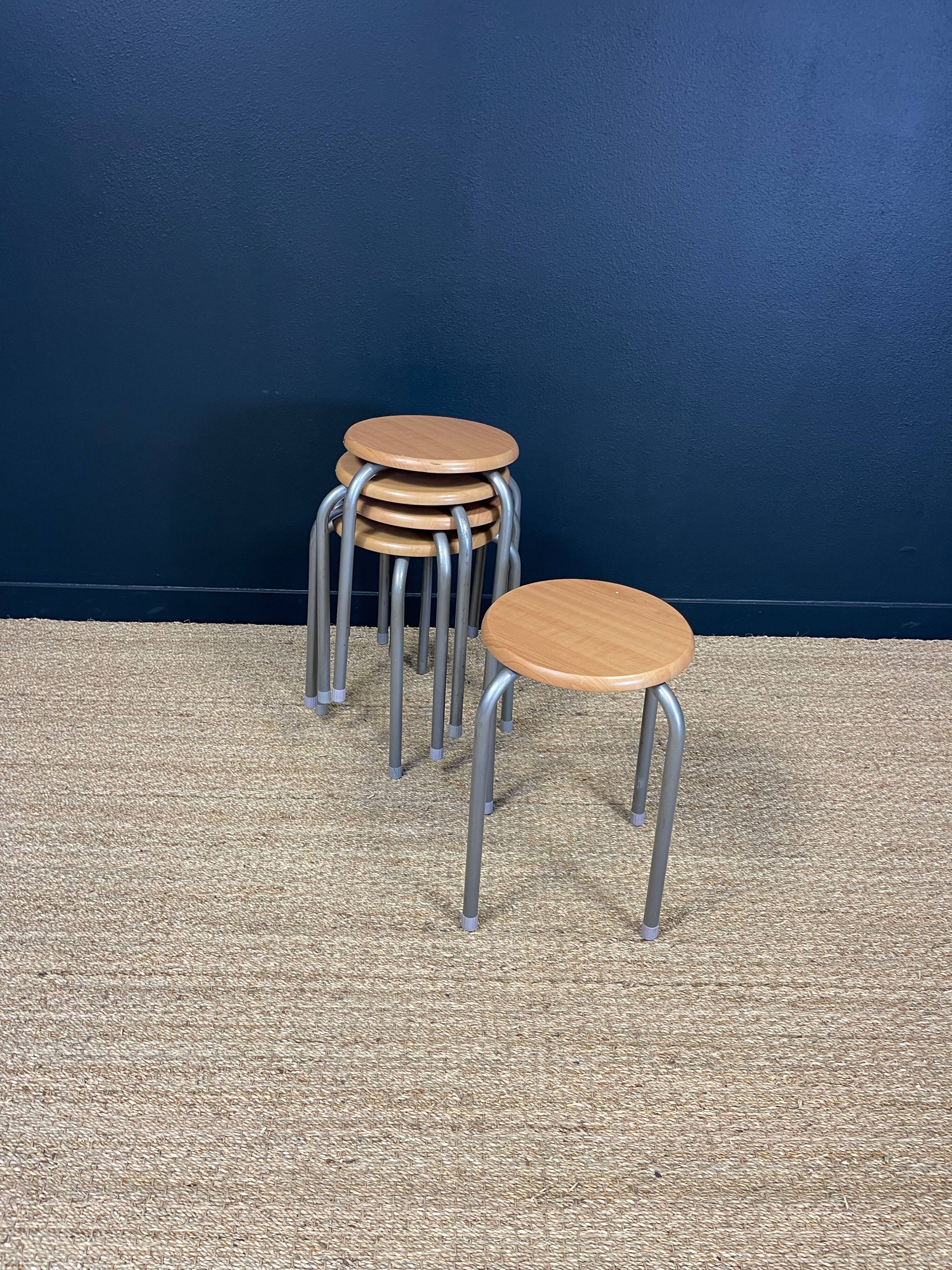 Set of 5 wooden school stools with gray metal legs