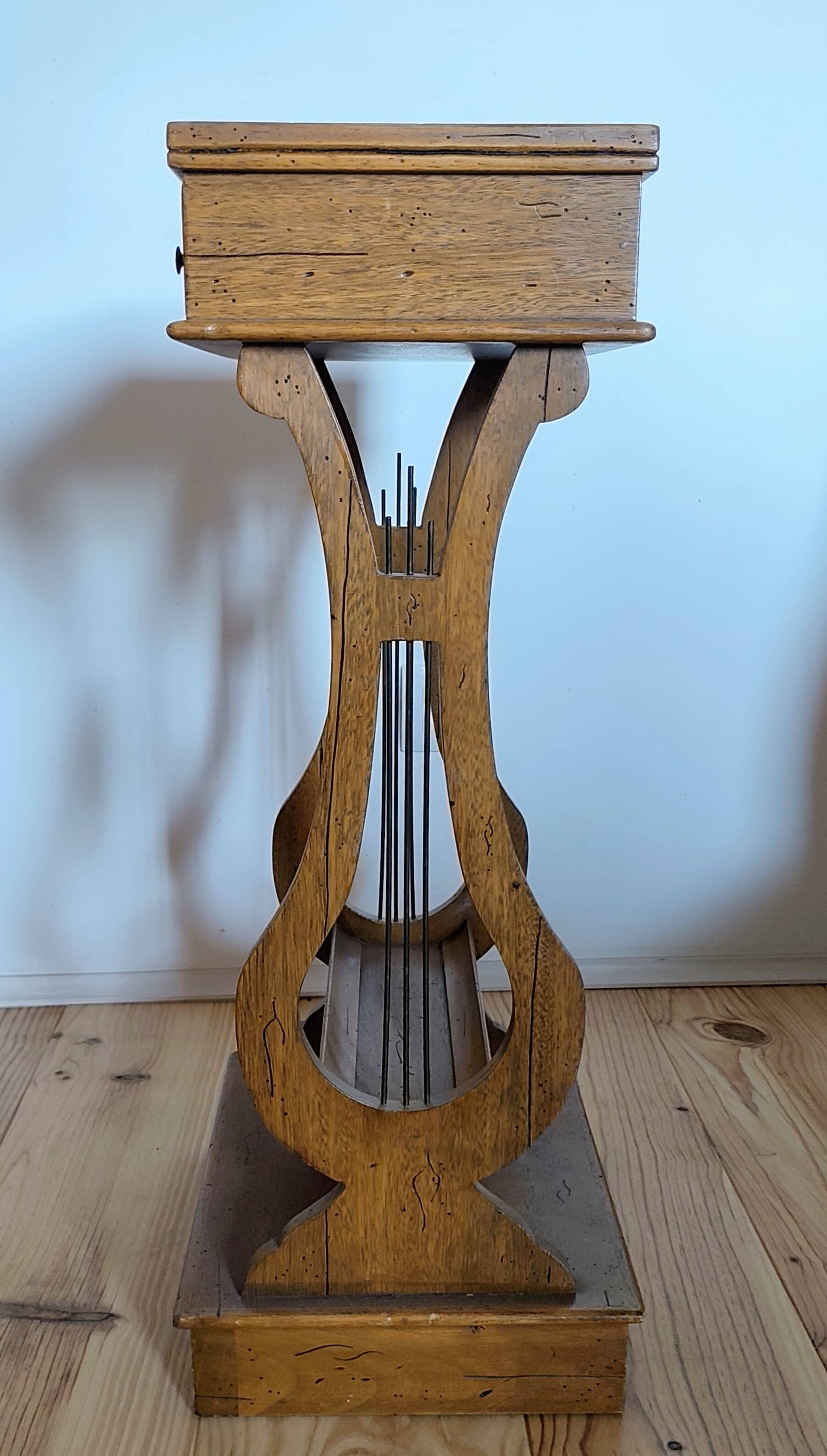 Lyre bedside table, cherry wood, 1960s.
