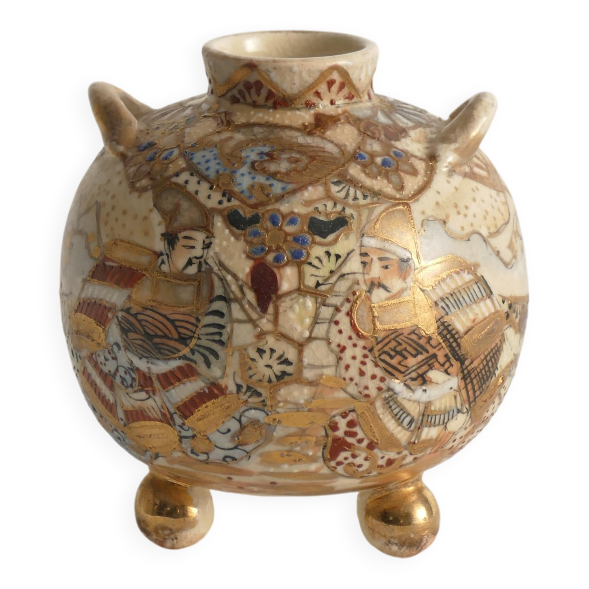 Satsuma Earthenware Vases, Hand-Painted Polychrome, Japan, Set of 2