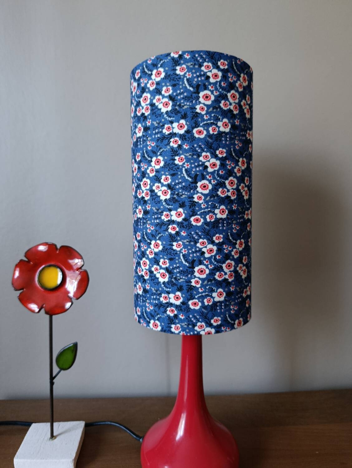 Vintage red bakelite touch lamp, Liberty floral lampshade