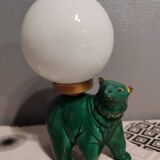 Green ceramic bear lamp and white opaline globe