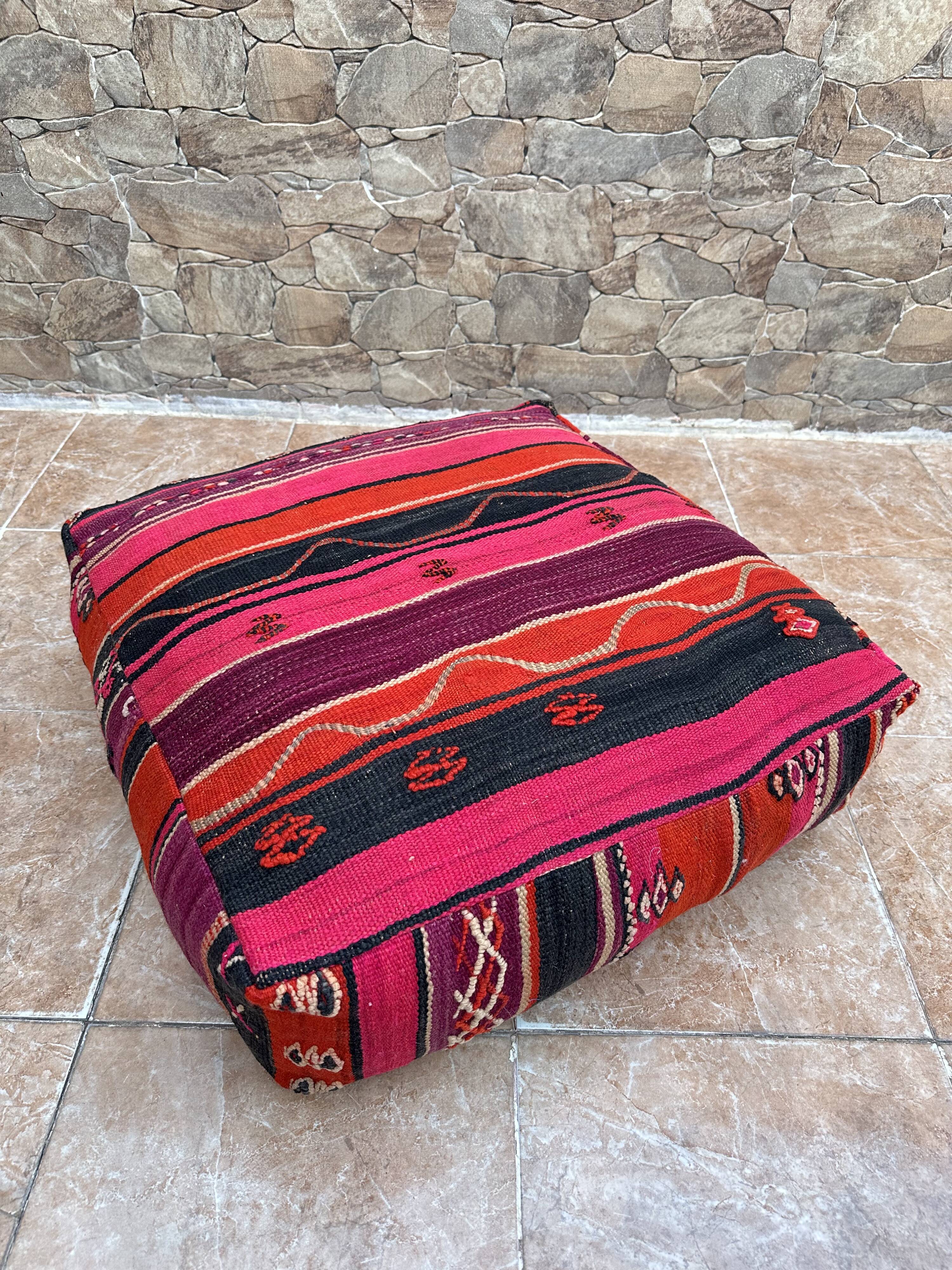 Vintage handmade Berber Kilim pouf, Moroccan floor cushion.